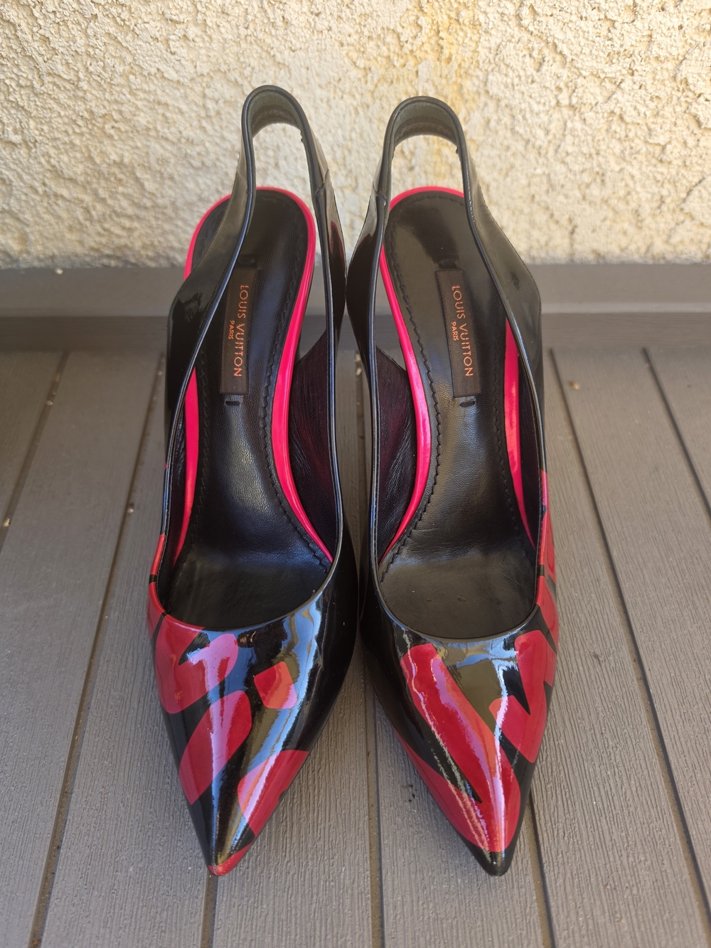 Louis Vuitton Black & Red Patent Leather Slingback Pumps - Size 34.5